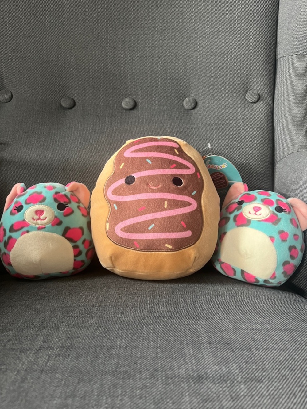 Squishmallows Set of 3 Chocolate Donut Plush with Teal & Pink Leopard Buddies